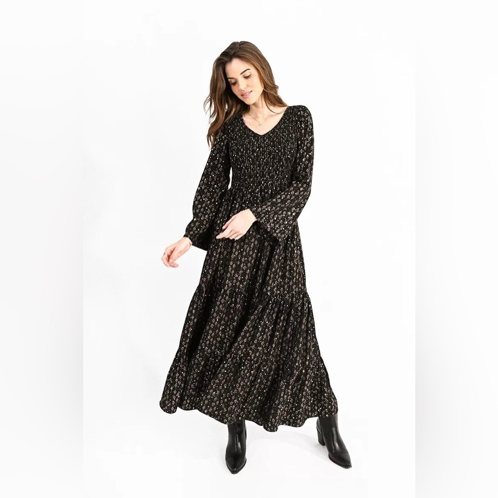 Molly Bracken Smocked Long Jude Dress Black Gold Foil Print Dots Floaty Boho XL